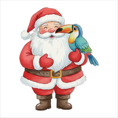 Santa Claus holding a colorful toucan bird, cute Christmas watercolor art on white background
