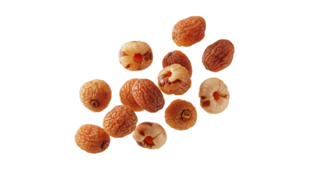 Dried longan fruit isolated against white backdrop, showcasing textures and shapes in a natural and simple food presentation arrangement