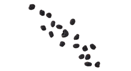 Scattered delights: Raisins against a pristine backdrop showcasing natural textures and simplicity in dried fruit snacks isolated on white