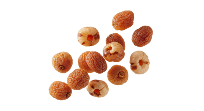 Dried longan fruit isolated against white backdrop, showcasing textures and shapes in a natural and simple food presentation arrangement