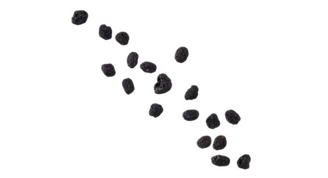 Scattered delights: Raisins against a pristine backdrop showcasing natural textures and simplicity in dried fruit snacks isolated on white