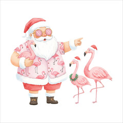 Santa Claus standing with two pink flamingo friends, fun Christmas watercolor illustration on white
