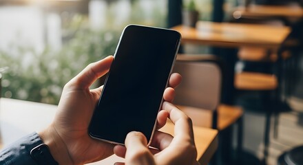 pantalla blanca en blanco de maqueta de teléfono celular. mano de mujer sosteniendo mensajes de texto usando el móvil en el escritorio de la cafetería. espacio vacío de fondo para publicidad. personas