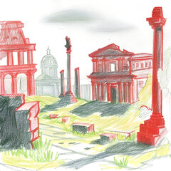 Sketch of ancient roman ruins with crumbling columns and buildings under a cloudy sky