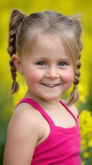 Close up shows a young girl in a pink top. She is smiling with her braided blonde hair in front of a yellow field