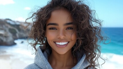 A young woman with curly hair and a gray hooded sweatshirt smiles at the camera. She is outdoors with ocean and rocky cliffs in the background