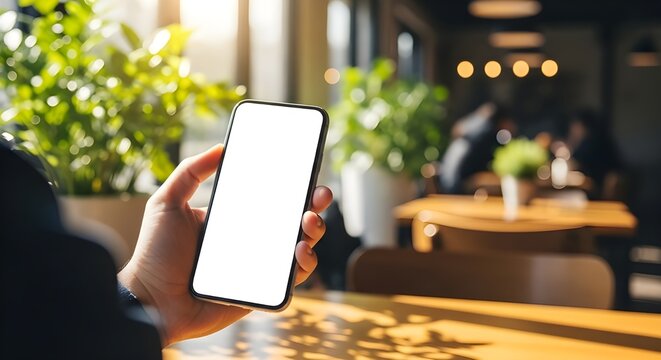 Imagen de maqueta UI UX de un tel&eacute;fono inteligente con pantalla transparente en blanco, en las manos en una mesa en un acogedor ambiente de cafeter&iacute;a o restaurante.
 Para aplicaciones de catering o re