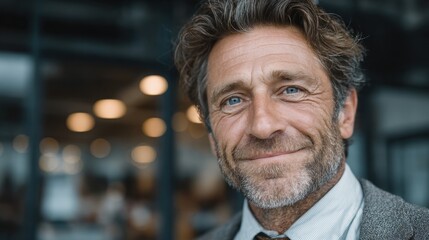 Mature businessman headshot smiling looking at camera in office, confident 50 year old executive, professional investor close up realistic portrait, high quality