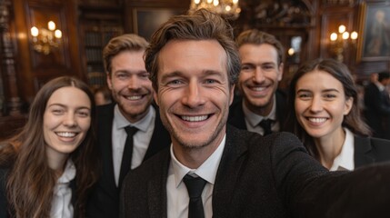 Excited young lawyers celebrate first day with selfie near Wall Street, capturing team building moment and shared smiles