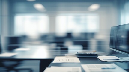Abstract blurred office interior room. The sleek and modern office furniture, with a desk cluttered with papers and a state-of-the-art computer.