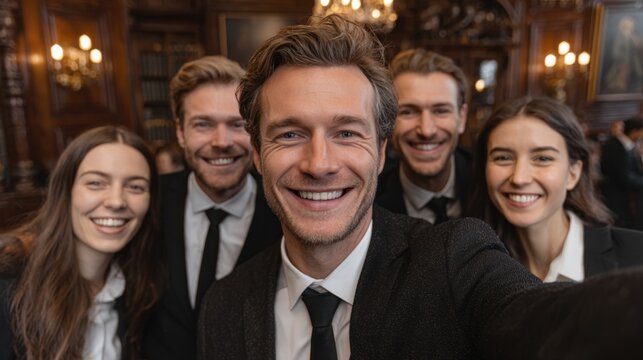 Excited young lawyers celebrate first day with selfie near Wall Street, capturing team building moment and shared smiles - Powered by Adobe