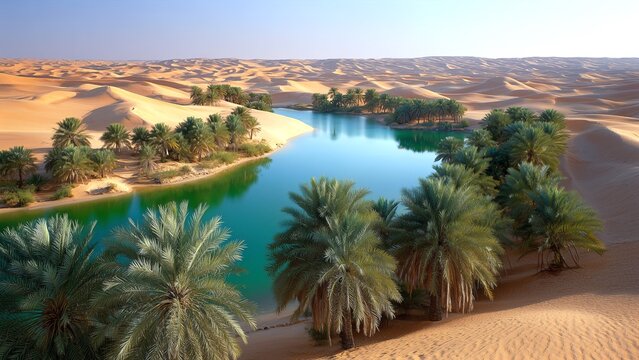Desert oasis with a tranquil blue green lake fringed by lush date palms and rolling sand dunes, a serene symbol of life and abundance in an arid Libyan landscape