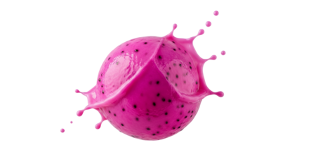 Dynamic portrayal of a dragon fruit with a vibrant splash of pink, embodying freshness and vitality, against a pristine white backdrop