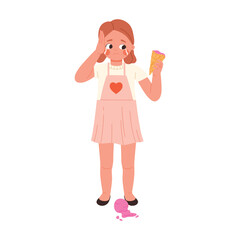 Crying child in apron dropped ice cream on white background, looking upset and isolated vector illustration
