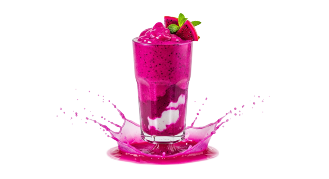 Refreshing dragon fruit smoothie presentation with dynamic liquid splash and vibrant color palette for a captivating and delicious visual experience