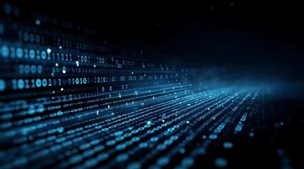 Dynamic stream of binary code flows forward, showcasing data transfer and futuristic technology in motion with a glowing blue hue - Powered by Adobe