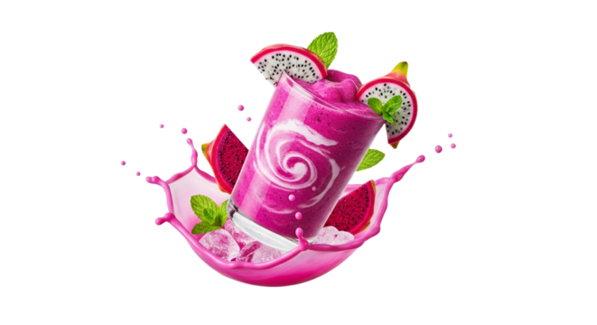 Refreshing dragon fruit smoothie with vibrant splash and elegant white swirl design showcase highlighting its creamy and fruity indulgence