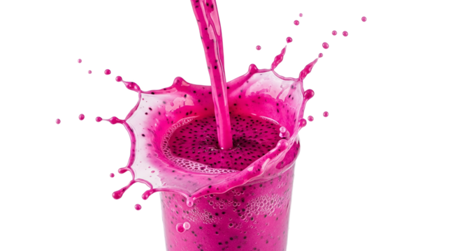 Vibrant splash of dragon fruit smoothie captures a moment of refreshing indulgence, emphasizing healthy nutrition and energetic visual appeal