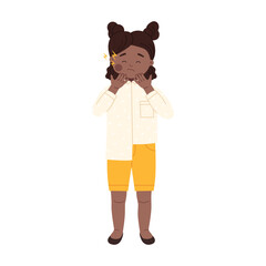 Unhappy kid holding cheek in pain from toothache, standing isolated on white background vector illustration