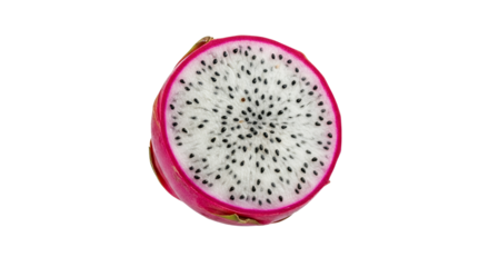 Exotic dragon fruit cross-section offering a vibrant palette of colors and intriguing textures against a clean white backdrop