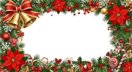 Christmas frame border with festive decoration including poinsettia flower, golden bell, candy cane, ornament, and pine branch isolated on transparent background
