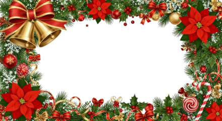 Christmas frame border with festive decoration including poinsettia flower, golden bell, candy cane, ornament, and pine branch isolated on transparent background