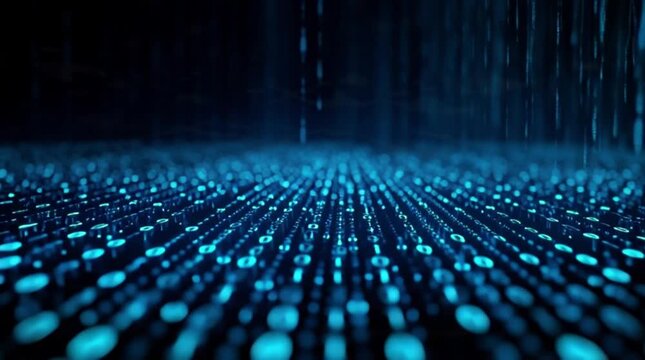 Dynamic binary code stream flows, ideal for cyber security promos or digital transformation campaigns, futuristic data visualization with vibrant blue glow