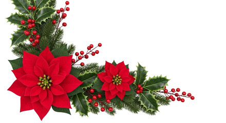 Christmas corner decoration with bright red poinsettia flower, green holly leaf, fir branch, and red berry isolated on transparent background