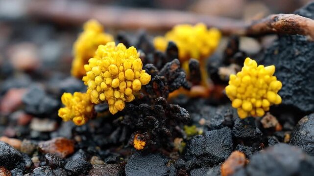 A close-up shot of yellow fungi clustered on a rocky, dark surface, surrounded by other small specimens