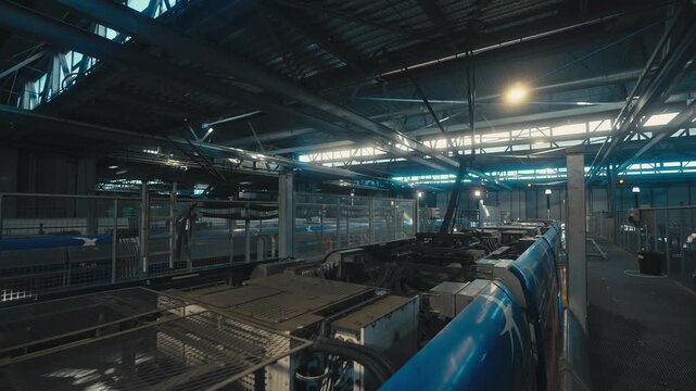 Tram Roof Equipment in Urban Maintenance Depot With Industrial Lighting
