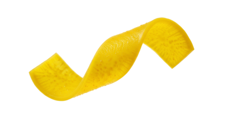 Abstract wavy yellow rubber strip suggesting fluidity and buoyancy on a pure white backdrop creating a modern minimalist aesthetic