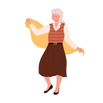 Smiling senior lady dancing with yellow scarf, isolated on white background, cheerful pensioner vector illustration
