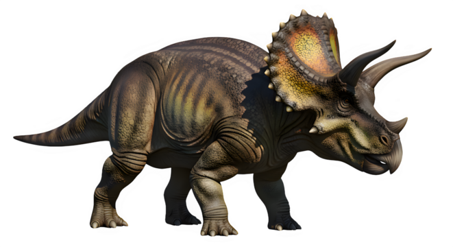 Detailed triceratops dinosaur illustration standing on a black background prehistoric creature