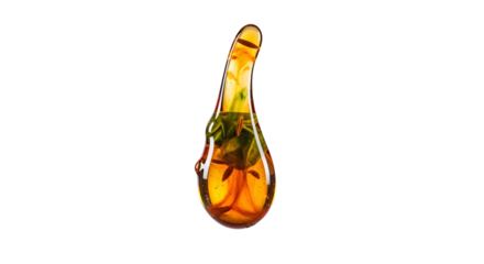 A unique amber teardrop encapsulating ancient botanicals, illuminating geological time and the essence of prehistoric nature