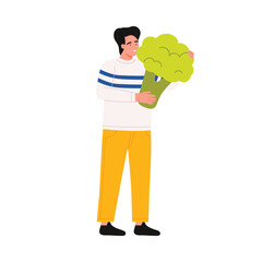 Young man holding oversized broccoli on white isolated background healthy eating concept vector illustration