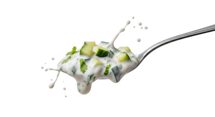 Refreshing splash of cucumber yogurt dip on a spoon isolated against clean white backdrop perfect for culinary publications