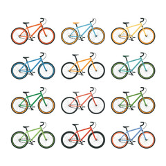 Collection of colorful bicycles in a grid pattern on a white background