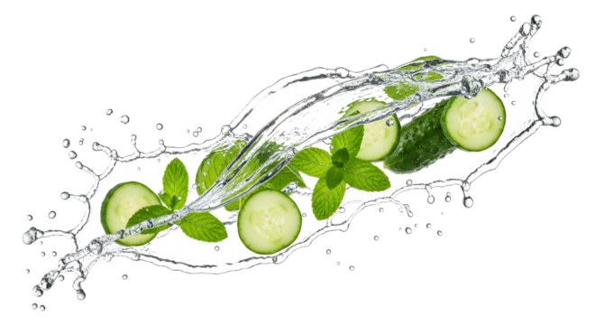 Refreshing Splash: Cucumber and Mint Infusion with Bursting Water Action on White Canvas