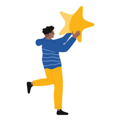 Young man holding large yellow star icon on white isolated background vector illustration