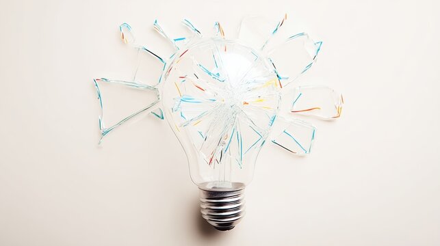 Shattered light bulb with colorful wires emerging from broken glass, symbolizing creativity and innovation, set against a soft neutral background, representing ideas and inspiration