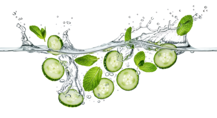 Refreshing Splash: Cucumber Slices and Mint Leaves in Crystal Clear Water with Dynamic Splashes and Bubbles creating a visually captivating and