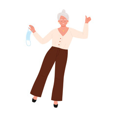 Elderly woman happily holding face mask and giving thumbs up on isolated white background vector illustration