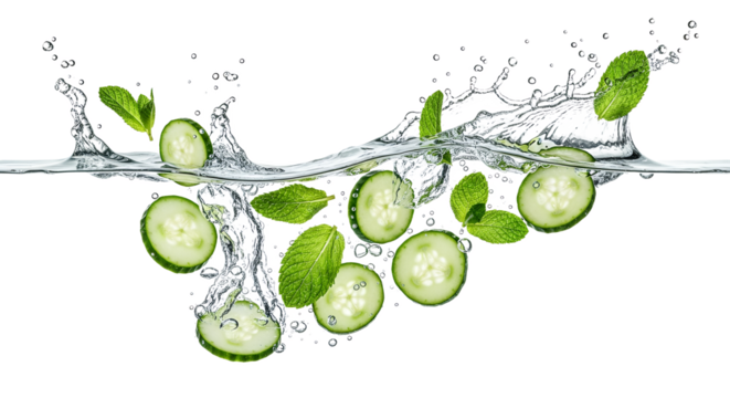 Refreshing Splash: Cucumber Slices and Mint Leaves in Crystal Clear Water with Dynamic Splashes and Bubbles creating a visually captivating and
