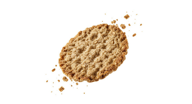 Elevated oatcake delight: A visually appealing portrayal of a whole grain cookie afloat on a bright backdrop
