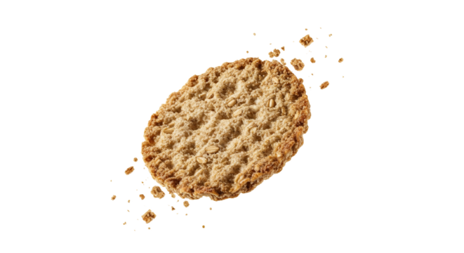 Elevated oatcake delight: A visually appealing portrayal of a whole grain cookie afloat on a bright backdrop