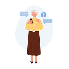 Elderly woman using smartphone for chatting and communication, isolated on white background vector illustration