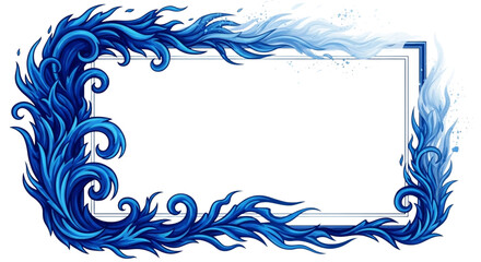 Ornate blue wave frame border design element with swirling water effect, isolated on transparent background