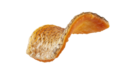 Dehydrated squash curl exhibiting vibrant orange hues and unique skin texture on a plain background, creating an artistic food still life