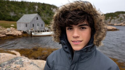 A young person in a warm coat with a fur trimmed hood stands on a rocky coast near a historic fishing stage in Newfoundland