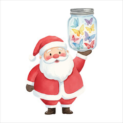 Santa Claus holding a jar full of butterflies, dreamy Christmas watercolor art on white background
